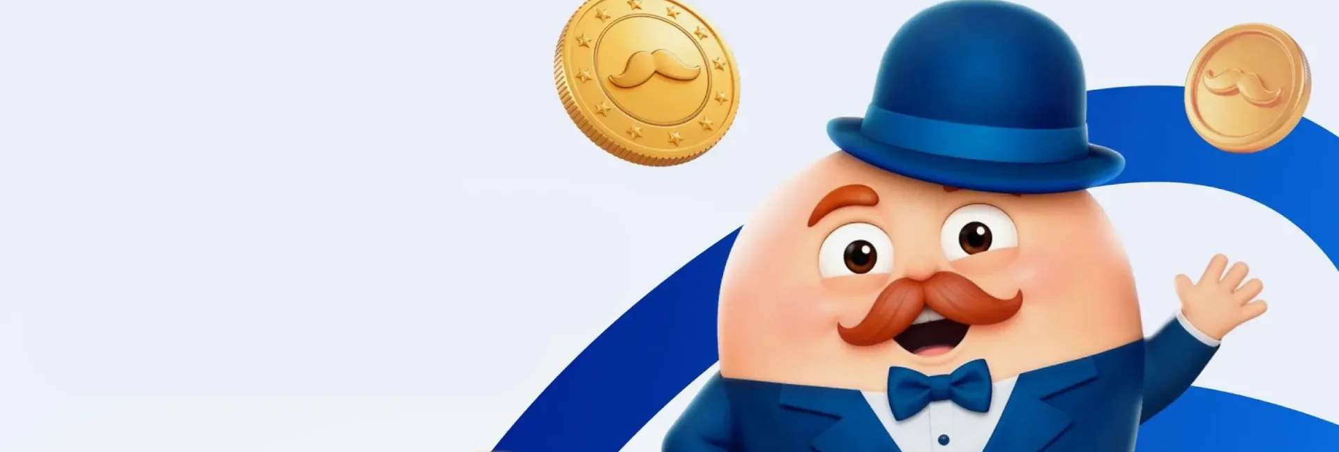 Mr Pokies mascot in a blue bowler hat and suit with gold coins and casino chips
